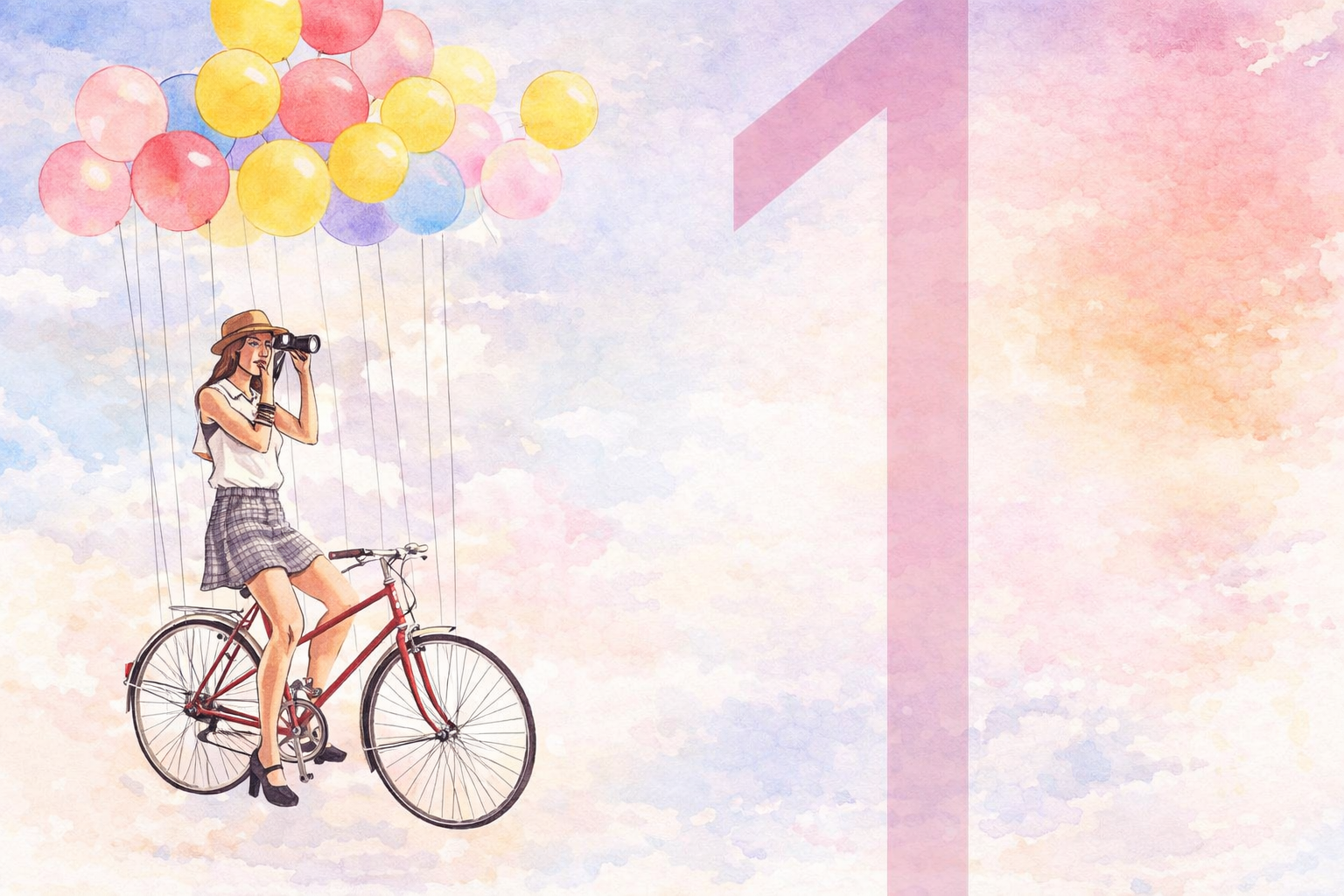 Illustration aquarelle — une femme sur un vélo s'envole avec des ballons colorés